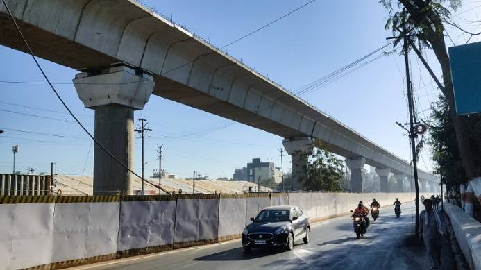An elevated section of Indore’s new metro line near Vijay Nagar Square