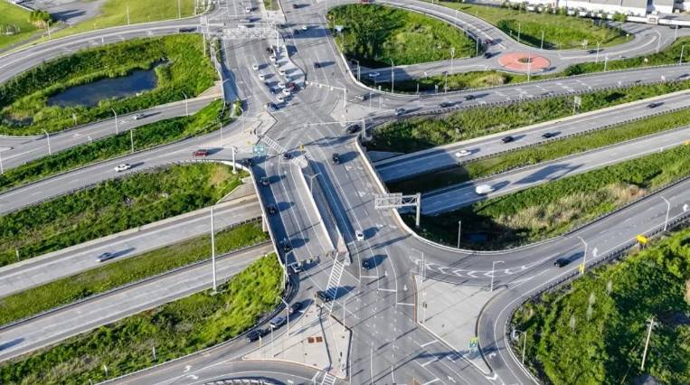 Aerial view of the diamond interchange in Natick, Mass.