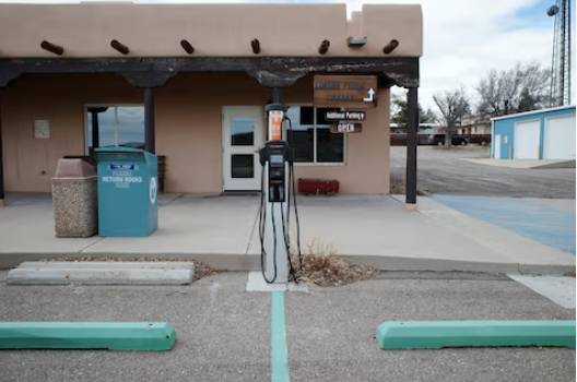 A Chargepoint level 2 electric vehicle (EV) charging station is seen outside the Corona Public Library in Corona, New Mexico, U.S., March 15, 2023.