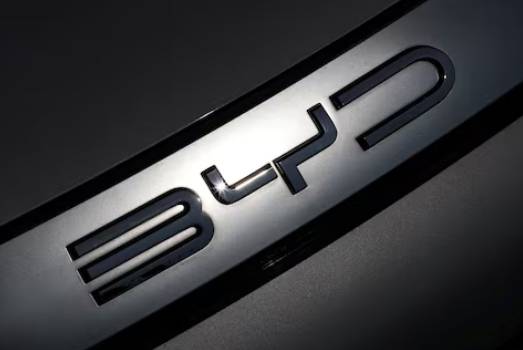 The logo of BYD is pictured on an electric car at a dealership in Reze near Nantes, France, March 27, 2025.