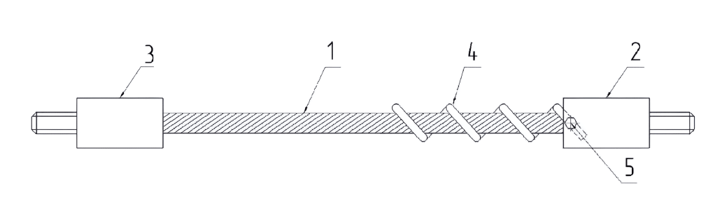 电缆泵杆上安装夹具的示意图。 1 – 绳索,2 – 下部紧固件,3 – 上部紧固件,4 – 夹子,5 – 螺钉连接 / © Gennady Trifanov,专利号 2836976