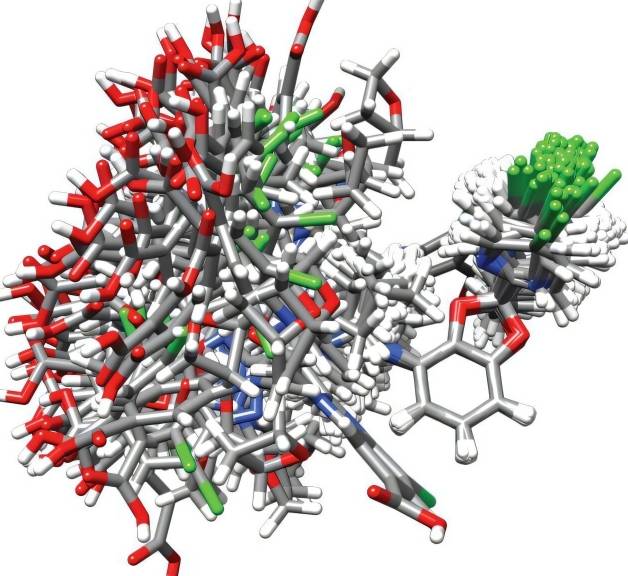 通过核磁共振波谱法观察到的无定形GLP-1R激动剂中分子杂乱的可视化结构。虽然乍一看似乎是随机的，但该结构可以让我们识别出氢键相互作用以及稳定药物无定形形式的优选构象