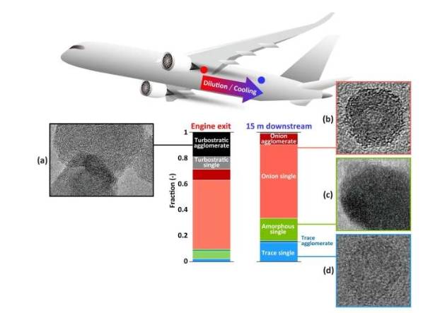 (a)乱层(烟灰)颗粒(直径 67 纳米)。(b)洋葱状颗粒(直径 17 纳米)。(c)无定形颗粒(直径 26 纳米)。(d)微量无定形颗粒(直径 17 纳米)。四种颗粒类型被分为单个颗粒和团聚颗粒,并显示了它们的含量
