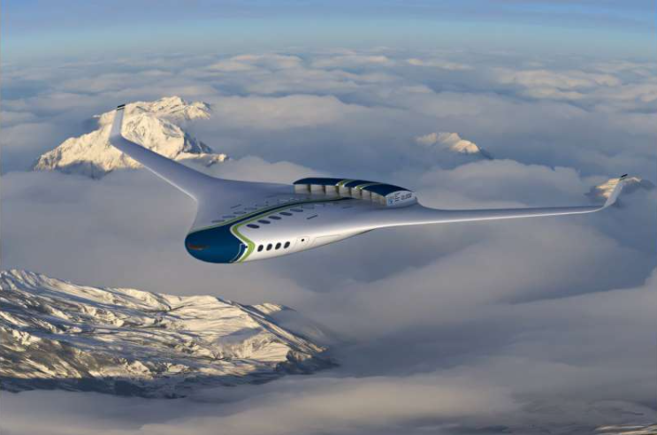 艺术家绘制的可搭载100名乘客、使用氢气作为燃料的混合动力飞机效果图