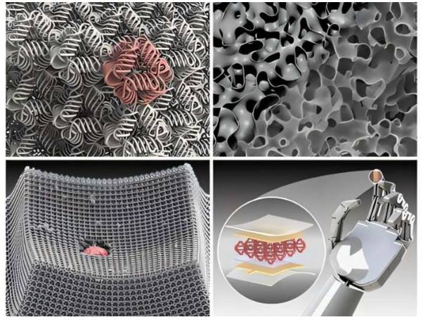 3D 结构材料的设计、制造、表征和应用方面有前景的研究方向(从左到右,从上到下):3D 编织超材料、非周期性自组装形貌、微尺度冲击实验和压力传感功能。