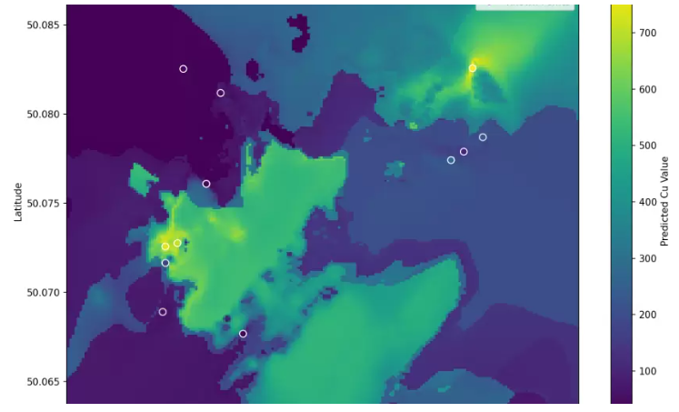 热图显示平面图中预测的铜值。图片来源:Cascade Copper