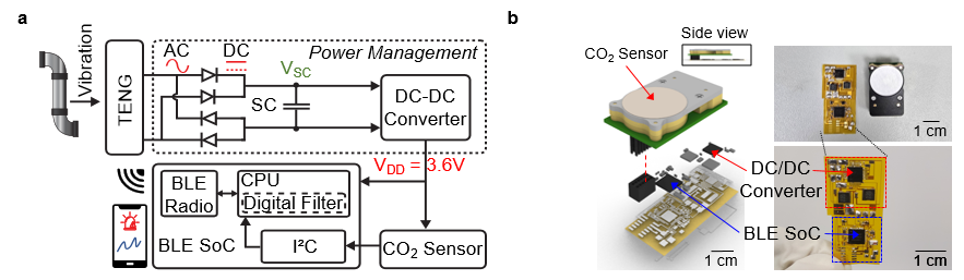 采用微振动收集的自供电无线二氧化碳监测系统的概念和配置。(a)系统框图(b)制造的系统原型照片/由韩国科学技术研究院提供