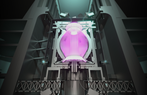 等离子体燃烧的 STEP 托卡马克装置正面图。图片来源:英国工业融合解决方案有限公司