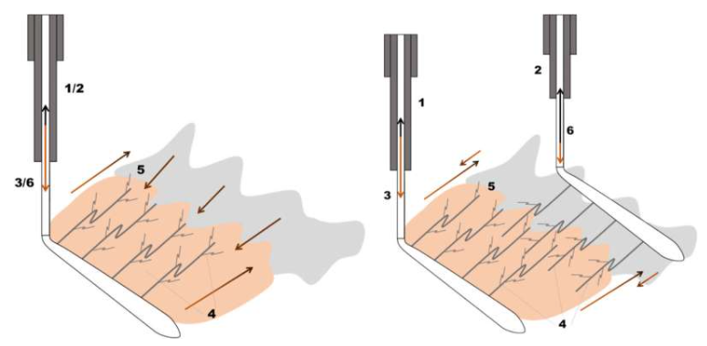 单井(左)和双井配置:1 - 注入井,2 - 生产井,3 - 热水注入,4 - 裂缝,5 - 干酪根转化区,6 - 废水和/或合成油提取。图片来源:Elena Mukhina 等人/ 《化学工程杂志》