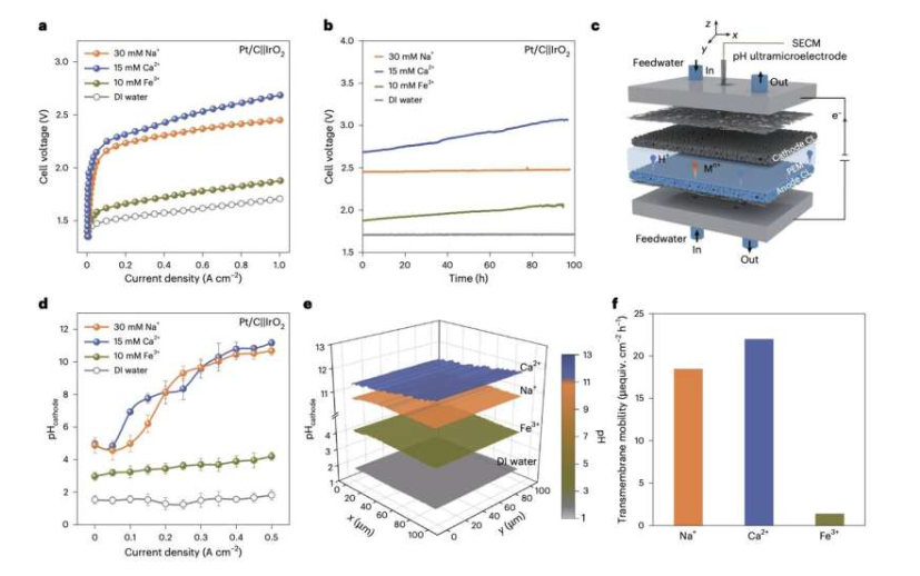 阳离子杂质对 PEM 电解器性能的影响。a、b，使用含有 Na+ 、Ca 2+或 Fe 3+离子的去离子水的 Pt/C||IrO2 电解器的极化曲线 (a) 和在 1.0 A cm &minus;2 (b ) 下的计时电位测试。a 和 b 中包括在去离子水中运行的 PEM 电解器的曲线以供参考。Pt/C||IrO 2电解器的催化剂负载：每 cm 2 2 mgPt/C (mg Pt/C &thinsp;cm &minus;2 ; 0.4mg Pt &thinsp;cm &minus;2 ) 和 0.5 mg IrO 2 &thinsp;cm 2。c，pH 超微电极与 SECM 耦合以监测 Pt/C 催化剂层 (CL) 中的原位 pH 值的示意图。注意，两侧均供应给水，并且在电解器运行期间阳极和阴极给水混合。 d，在不同电流密度下测得的pH阴极值，pH超微电极与催化剂层之间的距离固定为1&mu;m。所有值均表示为平均值&plusmn;标准差（sd）；误差线表示三次测量的标准差。e，在x-y平面上以0.5 A cm &minus;2扫描100 &mu;m&times;100 &mu;m区域内的pH阴极。f，电解槽在1.0 A cm &minus;2下运行时， Na +、Ca 2+和Fe 3+的跨膜迁移率。来源：Wang等人（《自然能源》，2025年）。