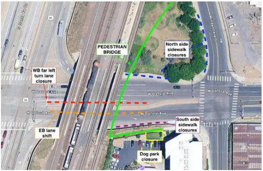 地图上的绿线标示了牛津人行天桥的建设位置。工程将于6月开工,持续至2026年1月。 图片来源:恩格尔伍德市
