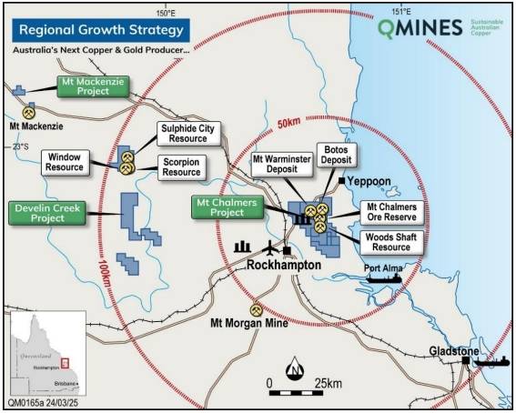 查尔默斯山 (Mount Chalmers) 和德维林溪 (Develin Creek) 项目位置和基础设施