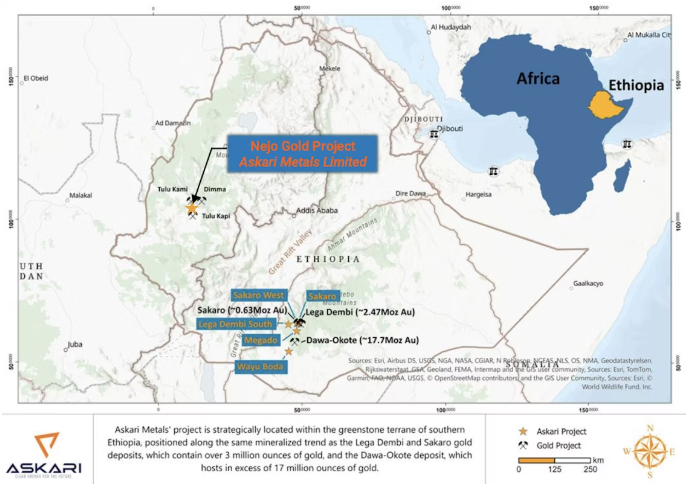 Askari Metals“Nejo 金矿项目”相对于埃塞俄比亚主要金矿的位置地图