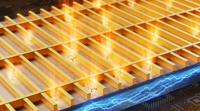 自发光生物传感器示意图:金纳米线超表面驱动量子光发射,并将产生的光波汇聚起来以检测生物分子