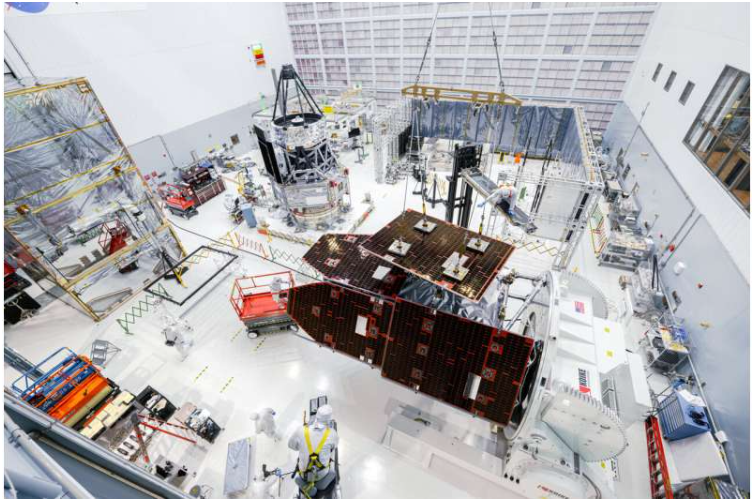 这张照片中,技术人员正在为美国宇航局(NASA)的南希·格雷斯·罗曼太空望远镜的外部安装太阳能电池板。罗曼望远镜的内部位于背景中央偏左处。技术人员计划在今年年底前将两部分连接起来,完成罗曼天文台的建设。图片来源:NASA/悉尼·罗德