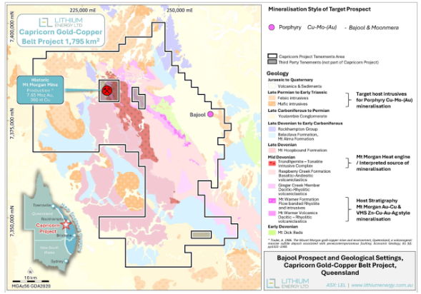 卡普里康金铜带项目位置图,显示了 Bajool 矿区(包含褐铁矿山矿藏)和地质环境