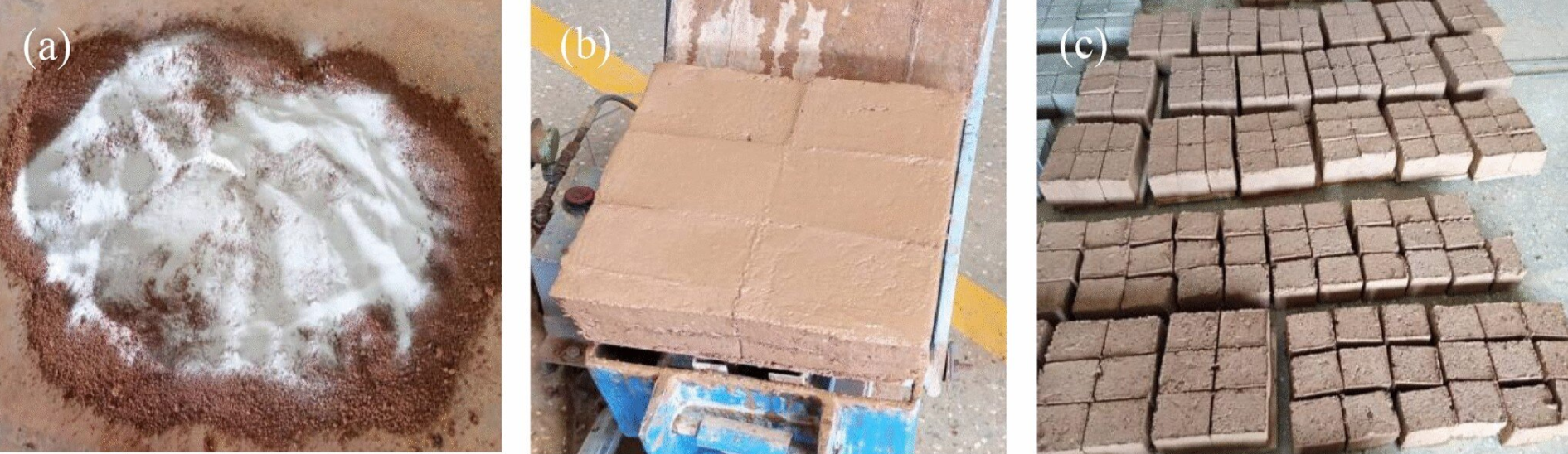 压缩土块的制备；a) 原材料混合，b) 土块成型，c) 土块养护。图片来源：Discover Civil Engineering (2025)