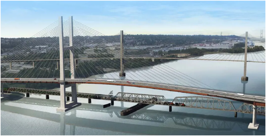 施工人员正在进行桥梁的收尾工作,包括安装围栏、公用设施、护栏和伸缩缝,并将于今年夏天晚些时候进行沥青铺设(图片由不列颠哥伦比亚省交通投资公司/合作伙伴提供)