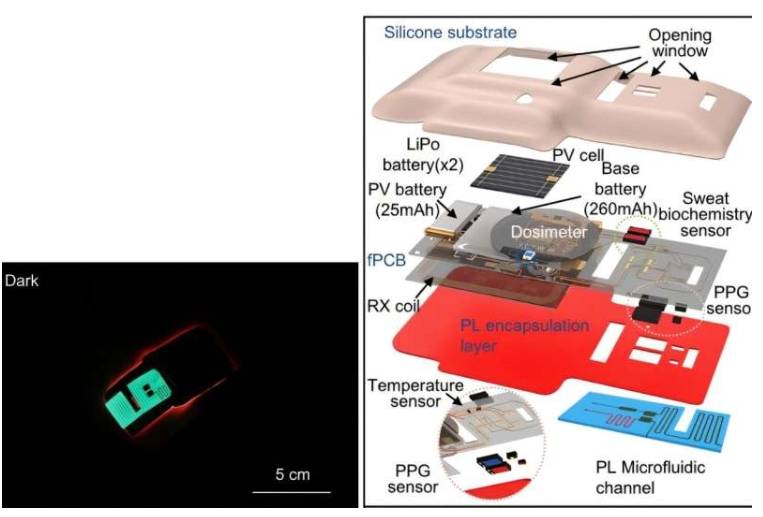 应用能量收集和电源管理平台的多模式装置由以下部分组成：i)光电容积描记法 (PPG) 传感器;ii)蓝光剂量计;iii)用于汗液分析和生物标志物传感器(氯离子、葡萄糖和 pH 值)的光致发光微流控通道;以及 iv)温度传感器。该装置采用柔性印刷电路板 (fPCB) 实现，以便贴附在皮肤上。硅基板上设有窗口，允许环境光和测量光通过，并由光致发光封装层封装 PPG、蓝光剂量计和温度传感器，而光致发光微流控通道则位于光致发光封装层下方，用于收集汗液