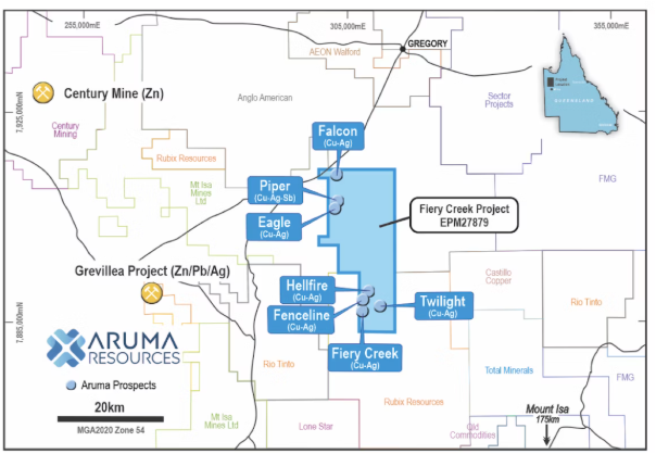 图 1： Fiery Creek 项目区域地图和当前前景，包括优先的 Piper Prospect