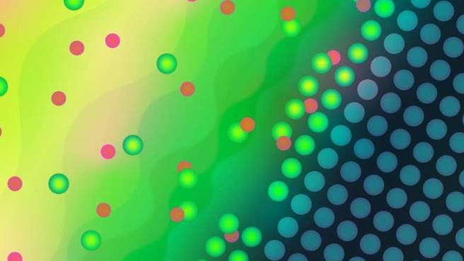 托卡马克聚变系统内部等离子体与壁面相互作用的艺术诠释。锂以绿色显示,燃料以红色显示,构成托卡马克壁面的原子以蓝色显示