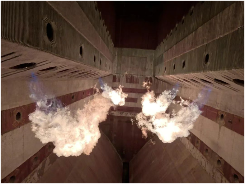 图为“W”锅炉火焰内部燃烧状态