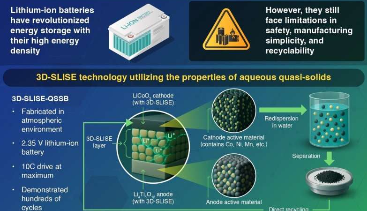 东京科学研究所的研究人员合成了一种硼酸盐水基电解质，可实现锂离子电池的高性能、可持续制造和易于回收