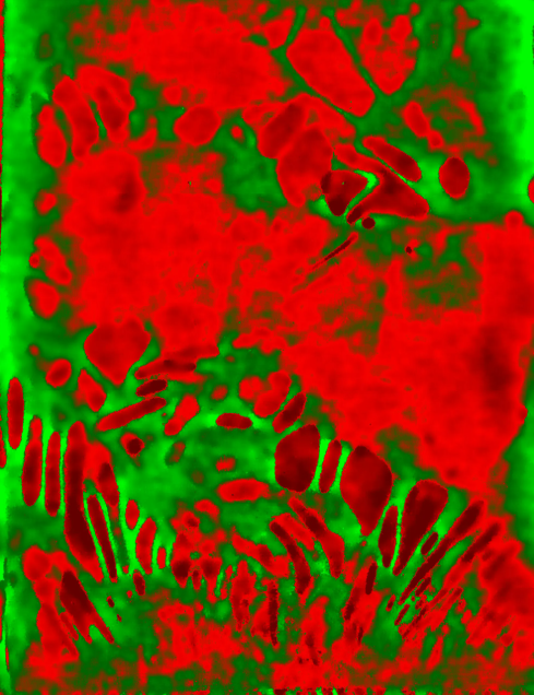 充电过程中，Li-S 软包电池层润湿性良好区域显示绿色，润湿性较差区域显示红色。图片来源：先进能源材料