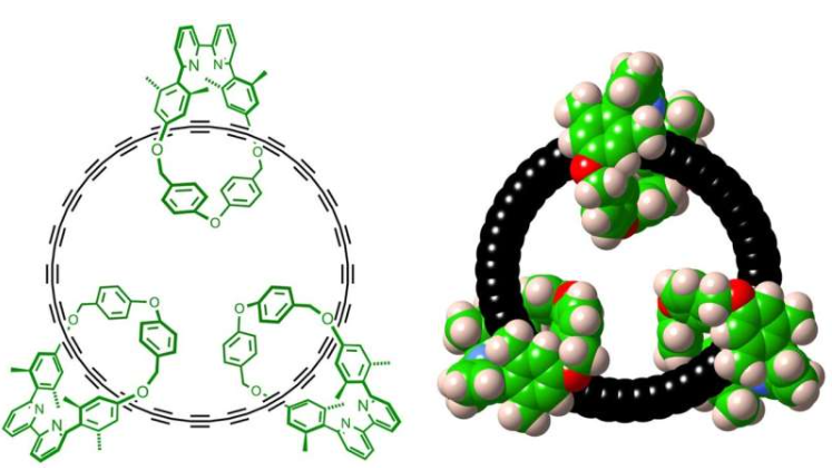 左图：环[48]碳[4]索烃的化学结构。右图：空间填充图