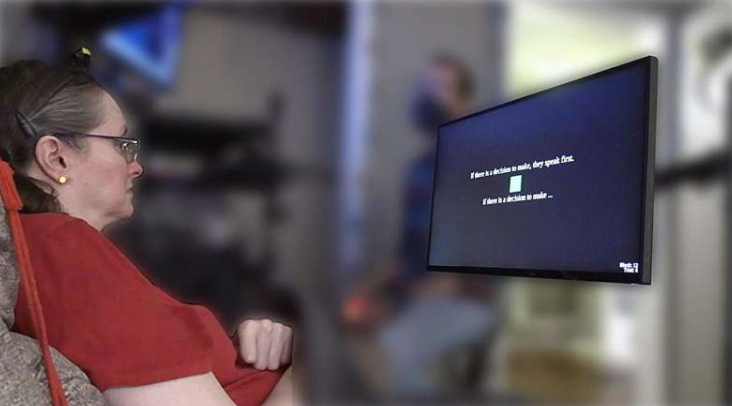 一位参与者正在使用内部言语神经假体。上方的文本是提示的句子，下方的文本是她在想象说出这句话时实时解码的内容