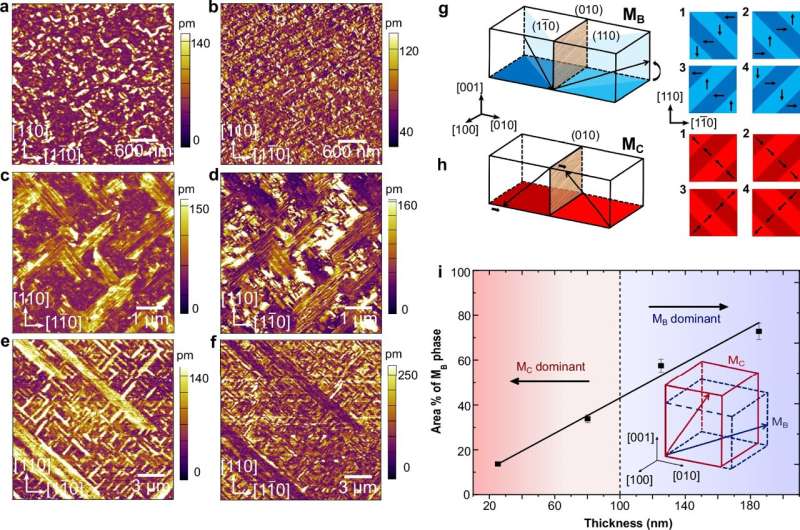 同膜厚度下NaNbO3/SrTiO3 (001)异质结构的铁电畴结构演变。图片来源：《自然通讯》（2025）