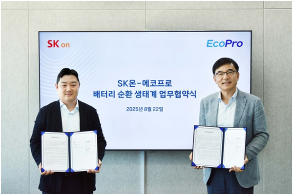 8月22日,SK On事业开发部长李庆民(左)与EcoPro C&G代表朴锡会(右)在EcoPro首尔事务所签署电池回收生态系统合作备忘录后合影留念。(图片由SK On提供)