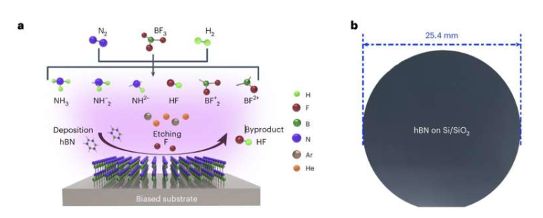 通过CMOS兼容PECVD技术制备无转移hBN忆阻器。A)生长过程示意图。B)在25.4毫米硅晶片上(带有一层薄的原生SiO₂层)通过低热预算PECVD技术直接合成hBN的光学图像