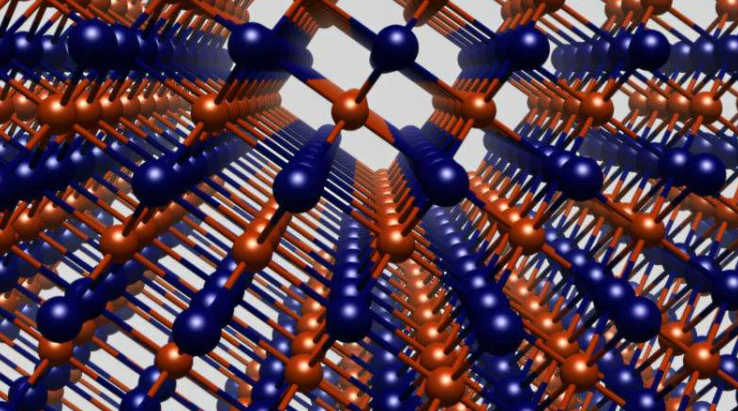 日本理化学研究所(RIKEN)研究人员发现的拓扑绝缘体晶格图(蓝色球体:碲原子;红色球体:锡、铅和铟原子)