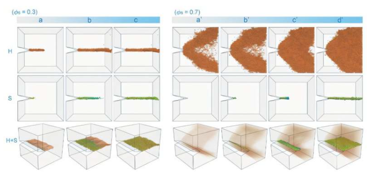 尽管与先前使用的模型相比相对简单，但本研究提出的软硬复合材料(SH-com)框架准确地反映了材料系统中观察到的常见物理现象。该图描绘了不同软硬构件组合导致缺口试块失效的情况。