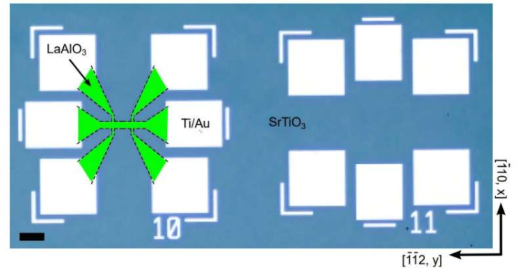 两个图案化霍尔棒器件的光学图像,沿正交方向排列在SrTiO 3表面。绿色区域表示器件的位置和形状。需要注意的是,LaAlO 3层无法用肉眼与基底区分。黑色比例尺代表 60 µm。