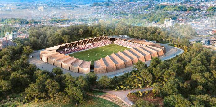 福岛联队的全木结构体育场融合了传统、可持续性和社区精神,是复兴的象征,将世代传承。(图片来源:可视化 © VUILD)