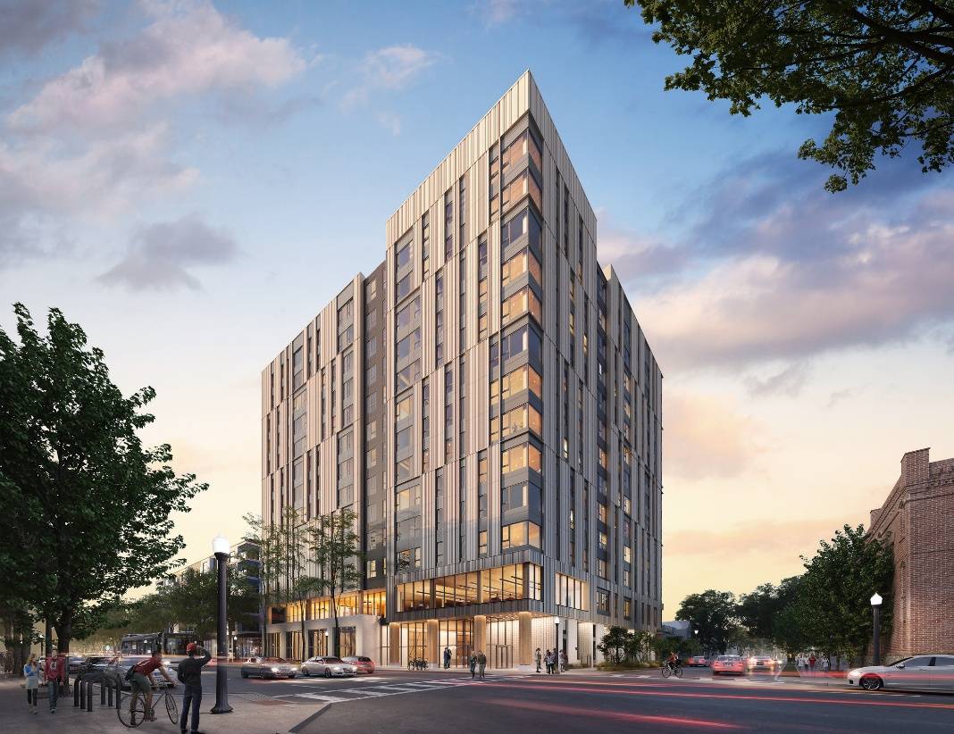 北高街1497号,裸露的交叉层压木板和胶合层压梁初具规模,构成了美国最高的大型木质学生宿舍。(图片:DLR集团)