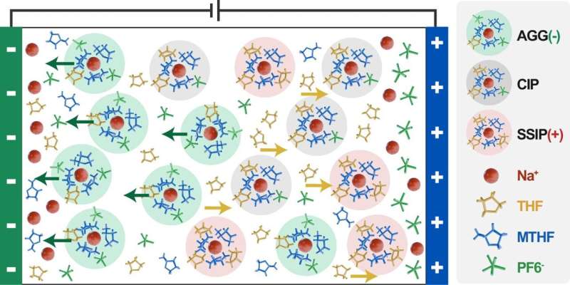 11  鸣叫  分享  电子邮件  家 工程 家 能源与绿色科技 2025年9月22日   GIST 工程师们创造了与电极无关的电解质，以实现电气化未来 作者：Renee Meil​​ler，威斯康星大学麦迪逊分校  Sadie Harley 编辑 ， Robert Egan审阅  编者注 电解质设计策略。电池充电过程中电解质中溶剂分布示意图。图片来源：《自然通讯》（2025）。DOI：10.1038/s41467-025-63902-4 威斯康星大学麦迪逊分校的工程师团队正在开发一种用途广泛的新型电解质，朝着更高效、能量密度更高的电池迈出了新的一步，这种电池有望取代如今随处可见的锂离子电池。这种新型电池——最初是一种无阳极的钠离子电池——是未来电动汽车动力或电网储能的首选。   该团队还使用新的电解质作为模型系统，以了解如何操纵电解质中的分子，从而使介质与不同的电池组件兼容。  该研究团队由威斯康星大学麦迪逊分校材料科学与工程系助理教授刘芳以及博士生邢千里和杨子琪领导，在《自然通讯》杂志上发表了其进展的详细信息。  通常，电池由两个电极（阳极（负极）和阴极（正极））以及液体电解质组成。在这种情况下，电池的“初始无阳极”特性意味着其物理阳极在电池首次充电时在内部形成，使其更简单、更便宜且能量密度更高。  电解质含有溶剂和溶解盐，是一种接触电池单元所有部分的液体介质，在充电或放电过程中，它帮助离子在电极之间移动。  在电池中，阳极和阴极是不同的材料——例如，阳极为石墨、硬碳钠或锂，阴极为过渡金属氧化物，如锂镍锰钴氧化物或钠镍铁锰氧化物。   开发下一代电池的挑战之一是，没有一种通用的电解质能够同时有效兼容两种电极材料。相反，当电解质含有多种溶剂分子时，控制它们的相互作用和行为也极具挑战性。  调整电解质是一种涉及多种因素的平衡行为，包括电解质中的溶剂分子如何在离子周围形成“壳”，这可能会加速或阻碍离子在阳极和阴极之间的移动——这最终会影响电池的充电和放电，以及整体电池性能。  “使用这个模型系统，我们基本上是想了解是否可以将不同的分子呈现到不同的电极表面 - 例如，将阳极稳定的溶剂呈现到阳极，然后将阴极稳定的溶剂呈现到阴极，”刘说。  “这样，电解质混合物在阳极处就理想地表现得像阳极稳定溶剂，在阴极处就理想地表现得像阴极稳定溶剂。”  材料科学与工程系助理教授刘芳、她的博士生邢千里及其合作者利用实验和计算方法，为未来电池研制出一种新型、更高效的电解质。图片来源：Joel Hallberg/威斯康星大学麦迪逊分校 为了制造新的电解质，研究小组混合了两种醚基溶剂，即在阳极更稳定的2-甲基四氢呋喃或2-MeTHF，以及在阴极更稳定的四氢呋喃或THF。  重要的是，他们找到了一种合理化电解质设计的方法：在电极之间移动的带正电离子周围第一壳层中占主导地位的溶剂是阳极稳定性的关键，而“自由”或键合较弱的溶剂对于阴极侧的稳定性很重要。  刘说：“通过这项电解质工程工作，我们试图揭开分别决定阳极和阴极稳定性的谜团，以及如何向两个电极提供合适的分子。”  “千里发现，关键因素是第一溶剂化壳内溶剂的数量与外部溶剂的数量，它们的位置决定了它们在电池形成过程中的呈现方式。”  威斯康星大学麦迪逊分校化学与生物工程副教授 Reid Van Lehn 及其学生 Jung Min Lee 进行的计算测试也在研究中发挥了重要作用。他们利用全原子分子动力学模拟来预测钠离子附近溶剂分子的组成，并确定这些离子是否“优先”选择一种溶剂。  “我们的结果确实发现——与刘小组的实验一致——我们可以识别出一种强相互作用溶剂（2-MeTHF）和一种弱相互作用溶剂（THF），”范莱恩说。  “我们进一步利用这些计算将这种行为与每种溶剂相互作用的相对强度联系起来，提供分子尺度的洞察力，可以扩展到更复杂的混合物，以继续优化电解质设计。”  这项研究为下一步开发钠金属电池以及其他锂离子电池的新替代品奠定了基础。  刘教授表示：“通过这项研究，我们开始认识到溶剂和阴离子的相互作用变得非常重要。我们正在尝试扩展我们的溶剂库来操纵这类相互作用，看看这种工作原理是否可以应用于更广泛的溶剂库和不同的电池化学反应。”  更多信息： Qianli Xing 等，《通过选择性溶剂在电化学界面上的呈现，实现无阳极钠金属电池》，《自然通讯》（2025）。DOI ：10.1038/s41467-025-63902-4  期刊信息： 《自然通讯》  由 威斯康星大学麦迪逊分校提供  进一步探索  固态电池目前是重大新闻：它们是什么？为什么人们如此兴奋？ Facebook  叽叽喳喳  电子邮件  给编辑的反馈  精选 最后评论 受欢迎的 新设计通过数字概率计算解决整数分解问题 14小时前  0  新型翼系统仿鸟机器人实现自主起飞和低速飞行 2025年9月19日  2  紧凑型声子电路为芯片级设备引导千兆赫频率的声音 2025年9月19日  0  无需人类干预，即可自学思考问题的人工智能模型 2025年9月18日  0  一项新研究发现，人工智能工具往往不可靠、过于自信且片面 2025年9月17日  1  图案化电极揭示气泡间距如何影响制氢效率 5小时前  研究人员取得突破性进展，使下一代锂电池更加安全 7小时前  微型离子阱展现出量子计算硬件 3D 打印的潜力 8小时前  分秒必争：人工智能如何加速灾难响应决策 9小时前  预测性人工智能可以防止人群挤压灾难 9小时前  阴极克服了水电解清洁能源的关键挑战 11小时前  纸板和泥土相结合，创造出混凝土的低碳替代品 11小时前  工程师在锌空气电池中实现了破纪录的性能 11小时前  尽管加密，机器人仍容易泄露隐私 12小时前  新设计通过数字概率计算解决整数分解问题 14小时前   1 2             Phys.org 有关研究进展和最新科学创新的每日科学新闻  医疗快讯 医学研究进展和健康新闻  科学X 网络上最全面的科技新闻报道  新闻通讯 电子邮件 Science X Daily 和每周电子邮件简报是免费功能，可让您在电子邮件收件箱中接收您最喜爱的科技新闻更新 跟着我们 顶部 家 搜索 移动版 帮助 常问问题 关于 接触 支持我们 科学X帐户 通讯 档案 Android 应用 iOS 应用 RSS 源 推送通知 © Tech Xplore 2014 - 2025 由Science X Network提供支持 隐私政策 使用条款    请勿出售或分享我的个人信息   1 / 1电解质设计策略。电池充电过程中电解质中溶剂分布示意图。图片来源：《自然通讯》（2025）