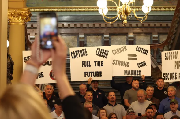 2025年5月,农民、乙醇行业员工和工会成员在爱荷华州议会大厦发表讲话,表达对峰会碳解决方案输油管道项目的支持。
