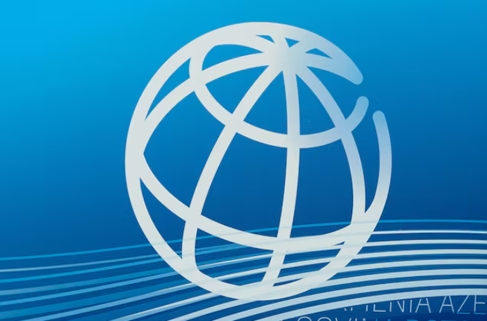 2023年4月13日，世界银行集团和国际货币基金组织在美国华盛顿举行的2023年春季会议上展示了世界银行的标识。