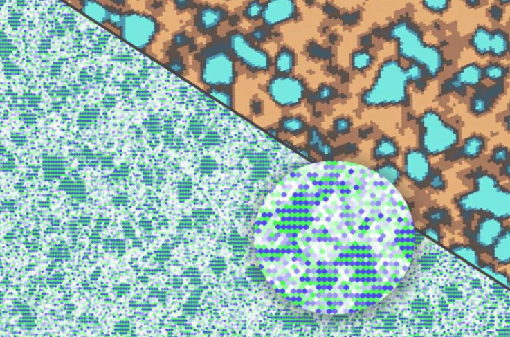 一种新型3D打印铝合金比传统铝材更坚固,这得益于一种关键配方:打印时,铝材(棕色部分)中会形成纳米级沉淀物(浅蓝色部分)。这些沉淀物以规则的纳米级图案排列(蓝色和绿色圆圈插图),赋予打印合金非凡的强度