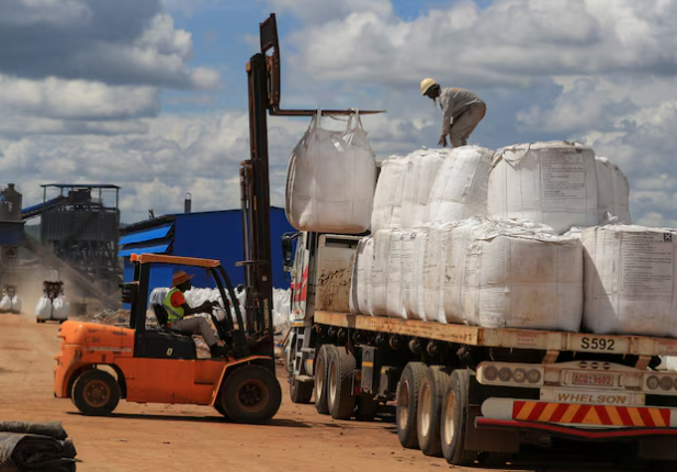 2024 年 1 月 9 日,津巴布韦戈罗蒙齐,工人们正在装载锂精矿。