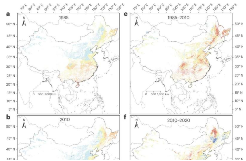 中国农田土壤pH值的空间分布和时间变化。