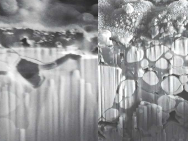 氧化锆增强型电解液(左图)避免了基准样品(右图)中出现的裂纹。