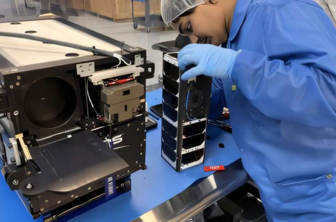 新罕布什尔大学 (UNH) 3UCubed 任务的研究项目工程师桑吉夫·梅塔 (Sanjeev Mehta) 正在检查立方体卫星。