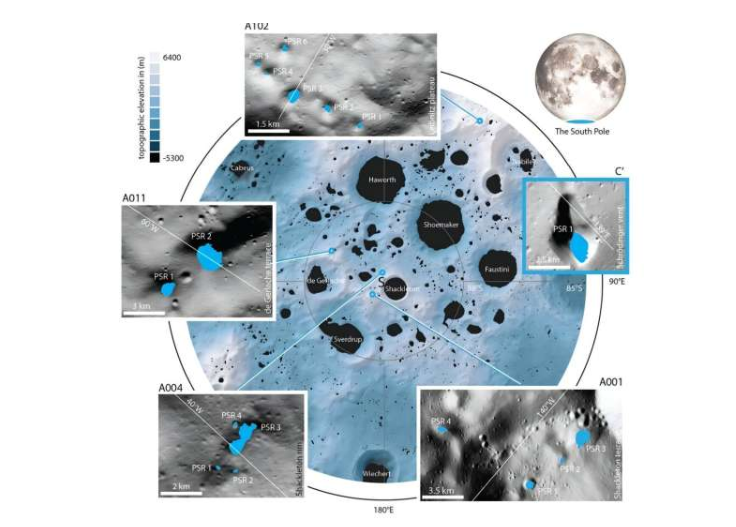 报告中的这张图片显示了月球南极的永久阴影区。这些区域可能是光学干涉仪的理想安装位置,但它们也存在一些自身的问题。