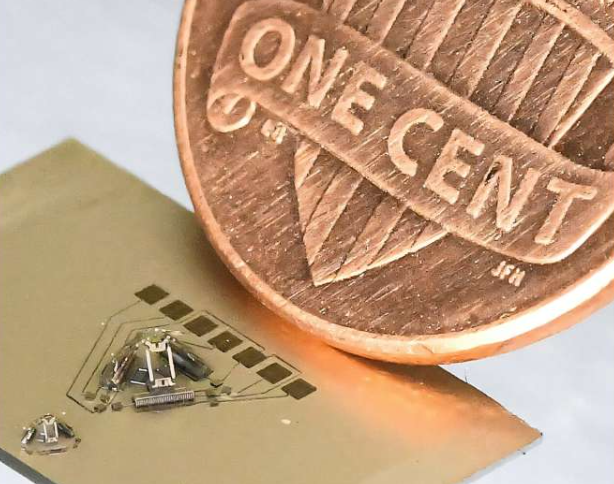 两款不同尺寸的机器人模型放置在一枚美国一美分硬币旁边。