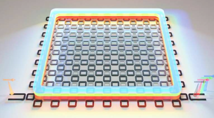 JQI的研究人员设计并测试了一种新型芯片,该芯片能够可靠地将一种颜色的光(如上图左下角的橙色脉冲所示)转换为多种颜色的光(如右下角从芯片射出的红色、绿色、蓝色和深灰色脉冲所示)。该芯片由一系列环形结构组成,每个环形结构都是一个谐振器,可使光循环数十万次甚至数百万次,从而确保入射光与芯片之间的相互作用能够使其频率翻倍、三倍甚至四倍。