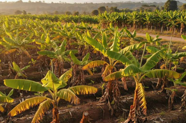 香蕉属作物镰刀菌枯萎病的典型叶片黄化和萎蔫症状。